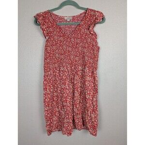 LOFT Outlet Dress Womens Large Red Floral Smocked Cap Sleeve Summer Lightweight